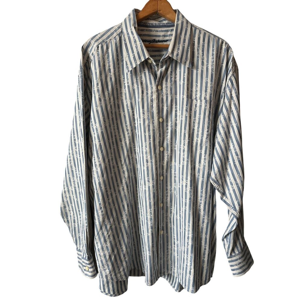 Tommy Bahama Palm Trees Button-Up Shirt Blue White Embroidery Long Sleeve XXL